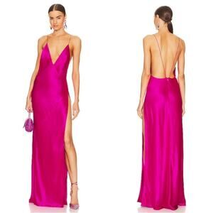 RETROFETE Paloma Deep V Neckline High Slit Satin Neon Pink Maxi Dress Size Large